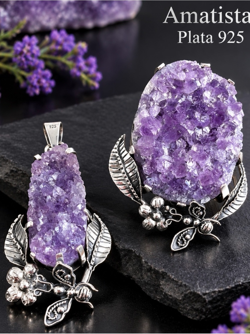 Sterling Silver Amethyst Druzy Pendant and Ring Set - Purple